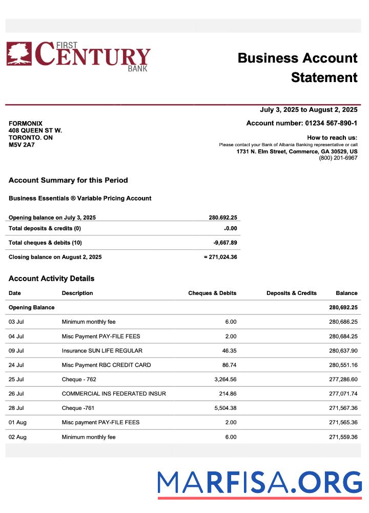 Printable USA Georgian Gainesville First Century firm account statement Word and PDF template